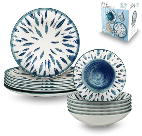 ARCA Servizio Piatti 12 Pezzi per 6 Persone in Porcellana - Design Estivo Elegante Ispirato al Mare - Set Tavola Colorato per Pranzi e Cene Speciali
