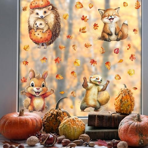 Fensterbilder Herbst Selbstklebend, 4 Blätter Thanksgiving Herbstdeko Fenster Aufkleber Ahornblätter Eichhörnchen Fensterufkleber Ohne Kleber, Herbst Fenster Sticker Erntedankfest Fensterdeko (A)