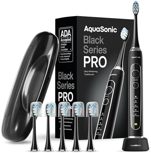 Aquasonic Black Series PRO – Ultra-Whitening Electric Toothbrush – 5 Modes & Smart Timers – Premium Travel Case & 6 Proflex Brush Heads – ADA Accepted Toothbrush