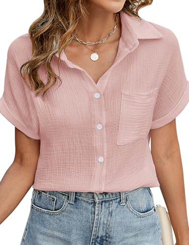 Niwicee Chemisier pour Femme Chemise Décontractée avec Col en V 100% Coton Coupe Ample Solide Été Manche Courte Haut Élégant avec Poche(Rose,XL)
