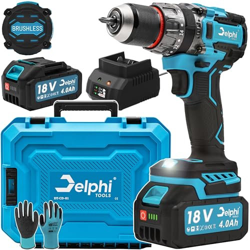 Delphi Destornillador inalámbrico de 18 V, potente con función de percusión, destornillador de percusión profesional inalámbrico 4 Ah, ideal para perforar y atornillar con precisión en madera y metal