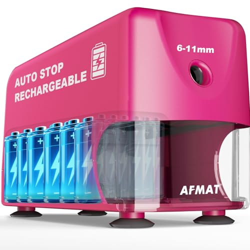 AFMAT Taille-crayon électrique haute performance - Auto-Stop - Rechargeable - Avec récipient - Pour crayons de 6 à 11 mm - Pointe rapide en 2 secondes - 10 000 opérations de taillage - Rose