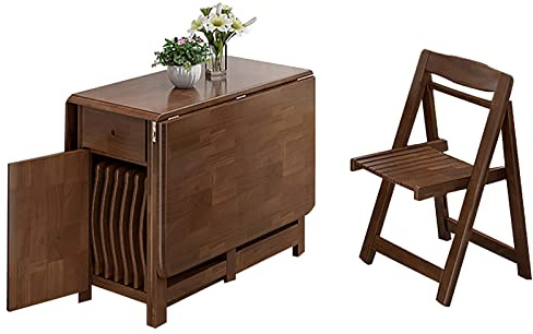 5-Piece Folding Dining Table Set with Drop Leaf, Wheels & Drawer - Solid Wood Farmhouse Kitchen Island Table & Chairs (Table + 4 Chairs, Brown B) - Space-Saving Solution