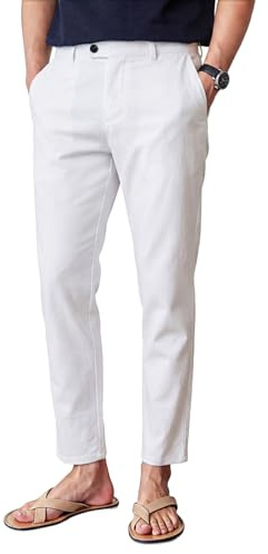 GINGTTO Pantalon Lino Hombre Slim Stretch Verano Pants con Bolsillos | Pierna Cónica, Recortada, Estilo Antiguo, Ligera, Elástica, Para 4 Estaciones