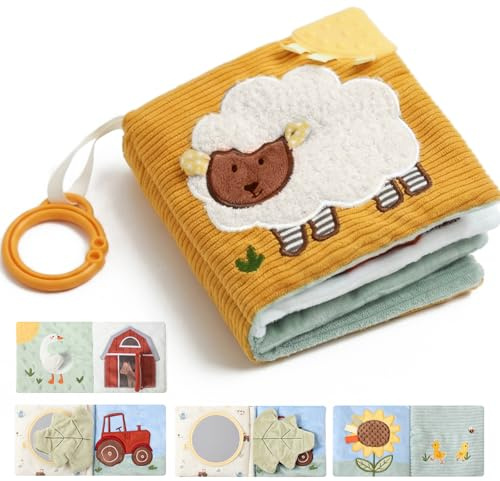 let's make Livre sensoriel en tissu pour bébé à partir de 0, 3, 6, 12 mois - Livre d'or interactif avec hochet miroir - Jouet pour poussette - Cadeau pour garçon et fille (Livre en tissu mouton)