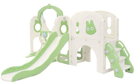 Joyz Tobogán Infantil 6 en 1, con Túnel, Columpio, Escaleras de Trepa, Canasta de Baloncesto Telescópica y Torre, Parque de Exterior/Interior, Verde Claro, Juegos para Niños a Partir de 3 Años