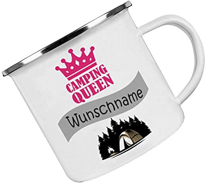 Crealuxe Emaille Tasse personalisiert 'Camping Queen', Becher mit Name und Spruch, Camping Tasse, Geschenk für Camper