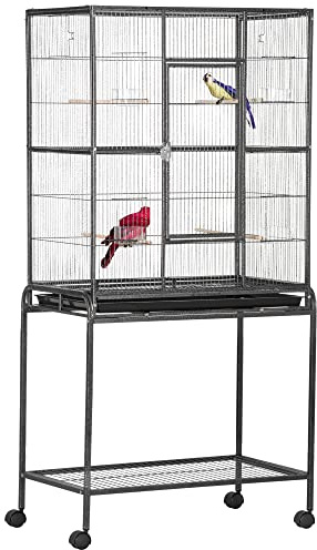 PawHut Cage à Oiseaux Portable avec 4 Mangeoires et 4 Perchoirs Pratique 77 x 47 x 163 cm Noir et Gris