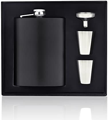 Fiaschetta Acciaio, 8oz Fiaschetta Tascabile Fiaschetta Whisky in Acciaio Inox con Tappo a Vite, 2 Tazze e 1 Imbuto Fiaschetta Set Regalo da Uomo Ideale per Campeggio, Escursione, Viaggio - Nero