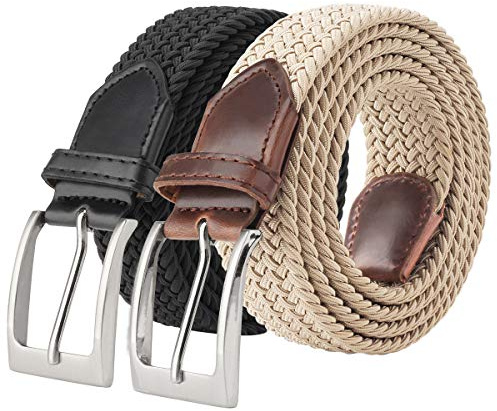 Fairwin stretchbälte för män kvinnor elastiskt flätat stretchbälte tygbälte flexibelt elastiskt tyg, Svart + beige, 2XL: 117–127 cm Taille (Länge 135 cm)