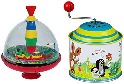 Lena 52120 - Panoramakreisel Eisenbahn Ø 19 cm, Kunststoff Schwungkreisel, klassischer Pumpkreisel & Musikdrehdose Der kleine Maulwurf, Musikdose 10,5 x 7,5 cm, Blechdrehdose mit Melodie Der Frühling
