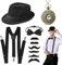 Aurasky 20er Jahre Herren Accessoires, Mafia Kostüm Zubehör Herren, 20er Outfit mit Gangster Hut Hosenträger Taschenuhr Fliege Bart Plastik Kostüm für Karneval Halloween Partys