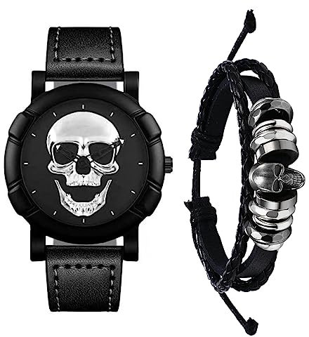JewelryWe Totenkopf Herrenuhr Lederarmband Halloween Set - 2 Stück Silber Schädel Analog Quarz Armbanduhr Steampunk Totenkopf Schwarz Geflochten Leder Armband Uhr Armreif Schmuckset für Herren Männer