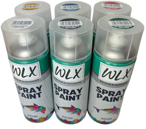 WLX Peinture en aérosol. Lot de 6 Couleurs - Brillant. 6 x 400 ml. Bombe aérosol à séchage rapide. Peinture graffiti. Pour décoration, bois, pierre, mur, métal