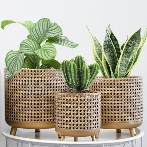 JHY DESIGN Set mit 3 Blumentöpfen, Metalldekoration, Blumentöpfe mit Hohlem Design, Große Pflanzgefäße für drinnen und draußen, Garten, Zuhause, Balkon, Geländer, Zaunpflanzen(Gold)