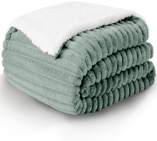 WAVVE Decke Sherpa Kuscheldecke Flauschig Grün - Extra Warme Dicke Weiche Grobe Kordecke Sofaüberwurf, Sofadecke Doppelgesicht, 150x200 cm XL Wolldecke Couchdecke Wohndecke