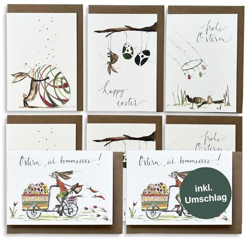 Annelis Art Oster-Karten-Set | 8 Klappkarten mit Umschlag (Kraftpapier) | Karten für Ostern inkl. Briefumschläge | Oster-Karte für Mann, Frau, Kinder | DIN A6 (10,5 x 14,8 cm)