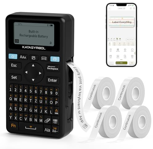 SUPVAN E11 Bluetooth Label Maker Machine with 4 Tapes, Support Keyboard & App with 30+ Fonts and 660+ Icons, Rechargeable Inkless Labeler for Home, Kitchen, Office, School, Organization, Black