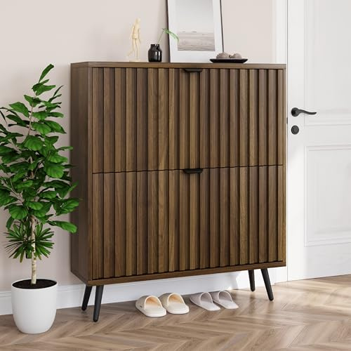 Smuxee Shoe Cabinet with 2 Flip Drawers, 31.5 Walnut Hidden Shoe Storage Cabinet with Fluted Design, Freestanding Shoe Organizer Cabinet for Entryway, Hallway, Closet, Living Room