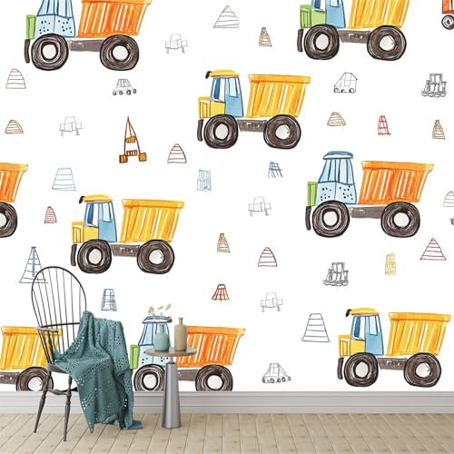 Fotomurales Camión de construcción colorido Pared Mural Tropical Papel Amarillo Gris claro Forrar Mueble Salon Cocina Armarios Dormitorio Impermeable 250 x 175 cm