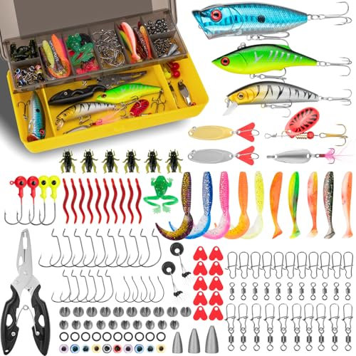 144 PCS Fishing Lures Mixed,Tackle Box Included Crankbaits, Spoon, Hooks, Jigs, Weights and More Other Accessories, Fishing Bait Lure Gear Kit Gifts for Men Bass Freshwater (multicolor)