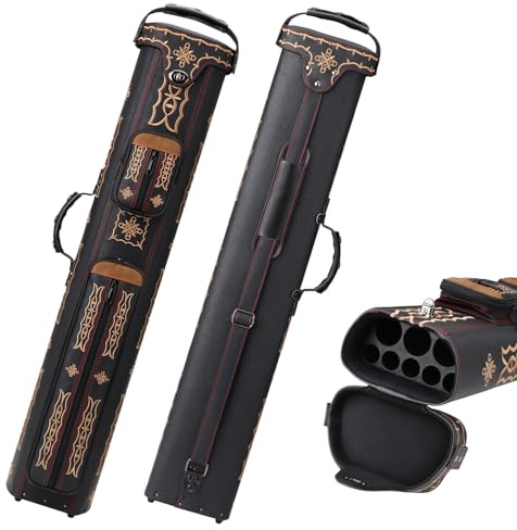 elraxw Pool Cue Case 3x5 Leatherette Hard Pool Cue Case Billiard Pool Stick Case with 4 Zippered Pockets, Embroidery Design, Holds 3 Butts and 5 Shafts