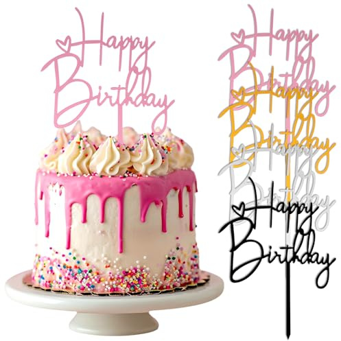 Nogeqi 4PCS Happy Birthday Cake Toppers Sign Picks, Birthday Cake Decorations for Celebrating Anniversary Birth Day Party Supplies (4 Colors)