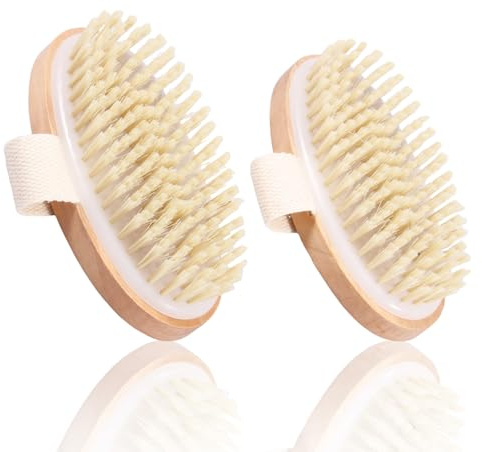 Harupink seco, 2 cepillos corporales, de baño con cerdas naturales de jabalí, drenaje linfático y tratamiento de celulitis, exfoliante ergonómico para piel seca (B)
