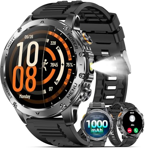 Karchilor Smartwatch Uomo Militare con 1000mAh/Chiamate/Torcia LED, 1,7 HD Smart Watch Orologio con 100+ Modalità Sportive, 5ATM, Sonno, SpO2, Notifiche Messaggi, Fitness Tracker Android iOS