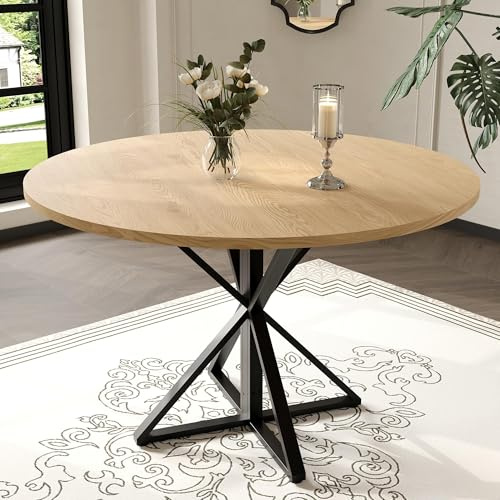OPULENTHOME 120 cm runt matbord, runt träbord för 4–6 personer med stabilt tvärslå, 2,54 cm tjock bricka, 90 kg kapacitet, med halkfria skridskor