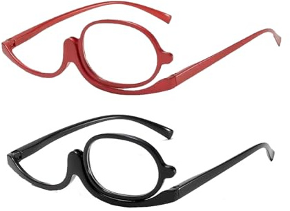 LYhsmg 2 Pcs Makeup Glasses Flip Up Lens UK Only, Magnifying Make Up Glasses (+2.50, +3.50) for Women, 180° Rotatable Single Lens Folding Reading Glasses for Cosmetic Application (Black, Red)