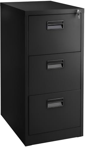 tectake® Office Filing Cabinet with 3 Drawers, Lock, Telescopic Rails, Hanging File Rails, Slots for Drawer Labels & Robust Steel Design, Incl. 2 Keys - Storage Cabinet for Office Space & Home - Black