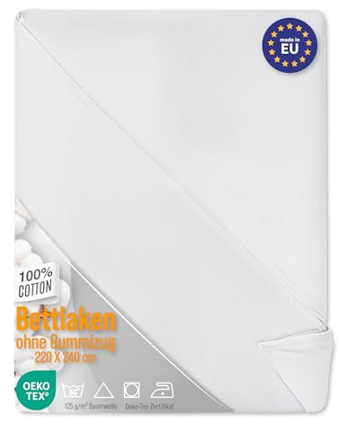 Bettlaken ohne Gummizug Baumwolle 220x240 cm - Bed Sheets Betttuch ohne Gummi und Laken Bedsheets Baumwollstoff weiß und Kochfest mit Oeko-Tex-Zertifikat 200 x 240