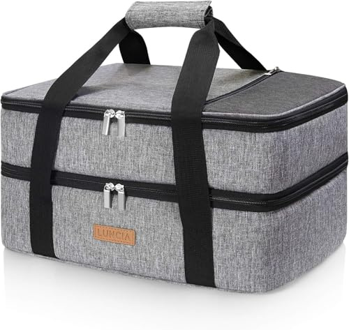 LUNCIA Insulated Double Decker Casserole Carrier, Lasagna Lugger Tote Keeps Food Hot or Cold, Thermal Lunch Bag for Potluck Parties, Picnic and Cookouts, Fits 9 x 13 Baking Dish, Grey