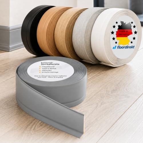 Floordirekt Zócalo Oslo, lista de clic, corte personalizado, parte posterior autoadhesiva, zócalo suave de PVC 50 x 15 mm, 10 metros, negro