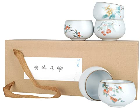 CoolChange kinesisk teskål set | handmålad med Gongbimålning | 5 st. | Keramik | Motiv: Asiatiska fruktbuskar | 120 ml