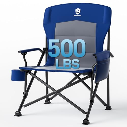 EVER ADVANCED Chaise de camping surdimensionnée pour adultes - 230 kg - Chaise pliante pour personnes lourdes avec poche latérale - Très résistante - Extra large - Avec accoudoirs rigides - Pliable