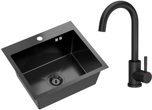VBChome Edelstahlspüle mit Armatur 50 x 45 cm Schwarz Edelstahl Einbauspüle mit Hahnloch Edelstahl Küchenspüle Spüle Groß Becken Ablaufgarnitur Siphon Edelstahlspüle Armatur Schwarz Matt