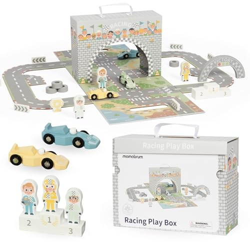 Mamabrum Pista da Corsa in Legno per Bambini 3+ | Valigetta Magnetica con Binario per Auto e Accessori Stradali | Pista da Rally Pieghevole con Auto Incluse
