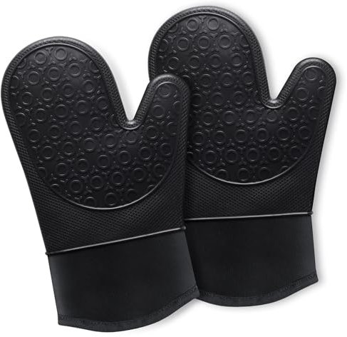 Ofenhandschuhe Topfhandschuhe Silikon - Anti-Rutsch Hitzebeständige Silikon und Flexibilität Baumwolle, 30cm Lange Backhandschuhe Kochhandschuhe für Kochen Backen Grillen (Schwarz)