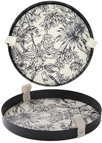 HARLIANGXY Parfum Rond avec Poignée en Cuir - Plateau Décoratif avec Coussin pour Cosmétiques et Maquillage - Organisateur pour Salle de Bain, Chambre, Salon, 28CM