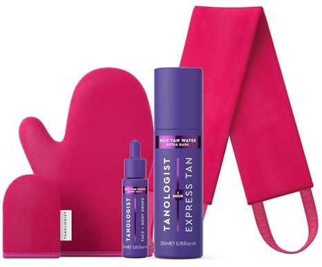Tanologist paquete - mousse autobronceador extra oscuro (200ml), gotas autobronceadoras extra oscuras (30ml), dúo de manoplas y aplicador de espalda autobronceador