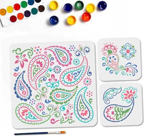MAYJOYDIY 3 plantillas con estampado de cachemira, reutilizables, plantillas de cachemira vintage para pintar, 30 × 30/15 × 15 cm, plantillas de artesanía con pincel para ventanas, paredes de madera,