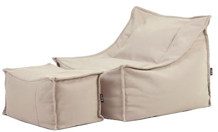 Icon Alto Sitzsack Sessel mit Hocker, Beige, Olefin Stoff für Drinnen und Draußen, Riesen Sitzsack mit Füllung, Bequemer Sessel, Garten, Terrasse, Lounge, Wohnzimmer