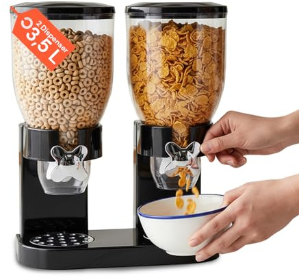 Avilia Dispenser Cereali Doppio da 3,5 Litri - Porta Cereali Salva Freschezza con Manopola - Include 2 Tazze Graduate - Organizer Cucina per Corn Flakes, Muesli, Pasta e Legumi