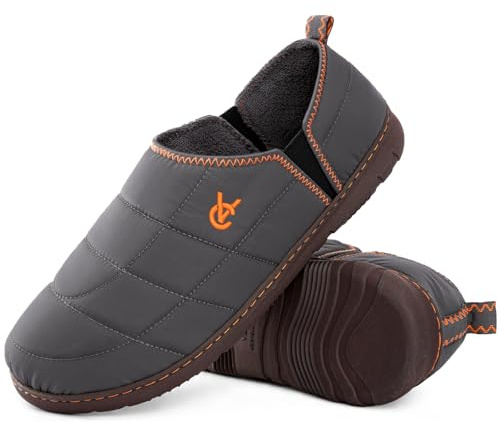 VeraCosy Men's Quilted Slippers House Shoes with Elastic Gore Anti Skid Outsole for Indoor Outdoor Cool Gray,11-12 US