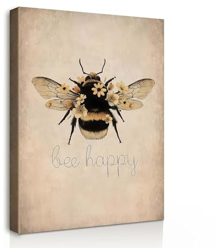 Galmcook Leinwand Bilder Wandbild 30x40 cm mit Rahmen – Biene mit 'Bee Happy' Schriftzug, Kunstdruck, Ideal für Wohnzimmer, Schlafzimmer, Flur oder Büro, Mit fixierten Haken und ohne Spuren Nägeln
