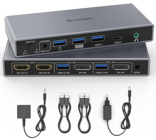 SUIDEK Commutateur KVM DisplayPort Double Écran pour 2 PC-Convertisseur DP Entrée/HDMI Sortie 4K@60Hz-4 Ports USB partagés entre 2 ordinateurs DP avec écrans HDMI doubles- Inclus adaptateur secteur 5V