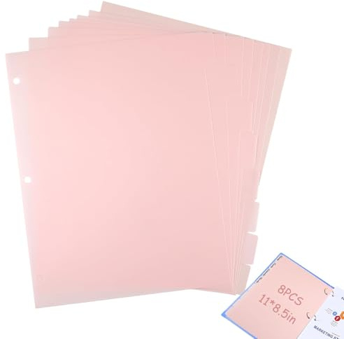 Ktxaby 8Pcs A4 Pink Plastic Binder Dividers with 8 Tabs,3-Ring Insertable Write-On Dividers for Office,School,Homework,Binders,Notebooks & Folder Organisation