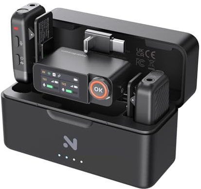 NearStream Microfono Lavalier Senza Fili per iPhone/Android/Fotocamera/PC, 3 Modalità Audio (Mono, Stereo, Traccia Sicurezza), Cancellazione Rumore IA, 48kHz/24-bit, 54H Batteria (AWM28T)